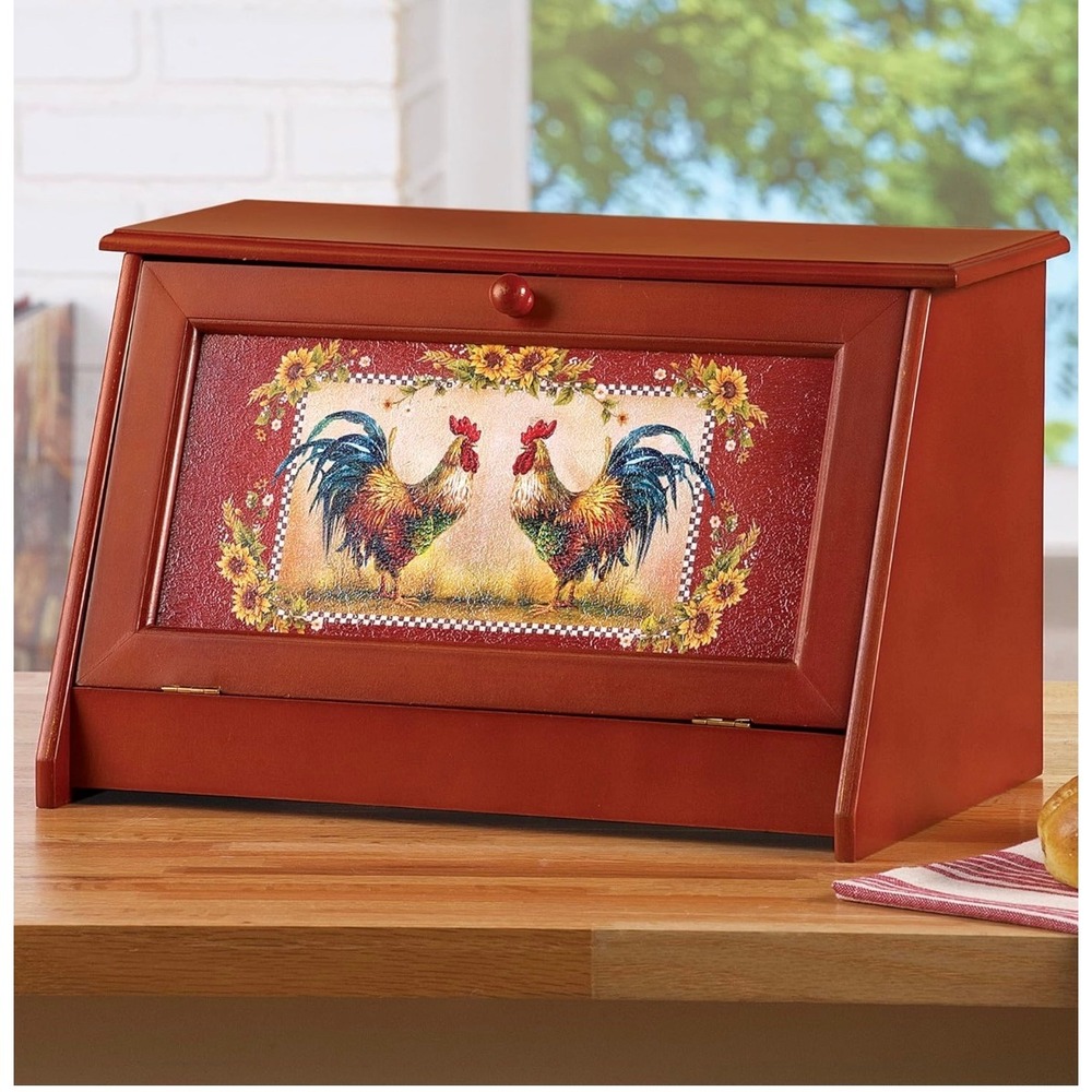 Collections Etc Sunflower Rooster Bread Box Red French Country Kitchen NIB